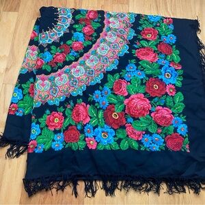 VTG 57” Pavlovo Posad Wool Shawl: Black and Pink Rose Floral Fringe Wrap Russian